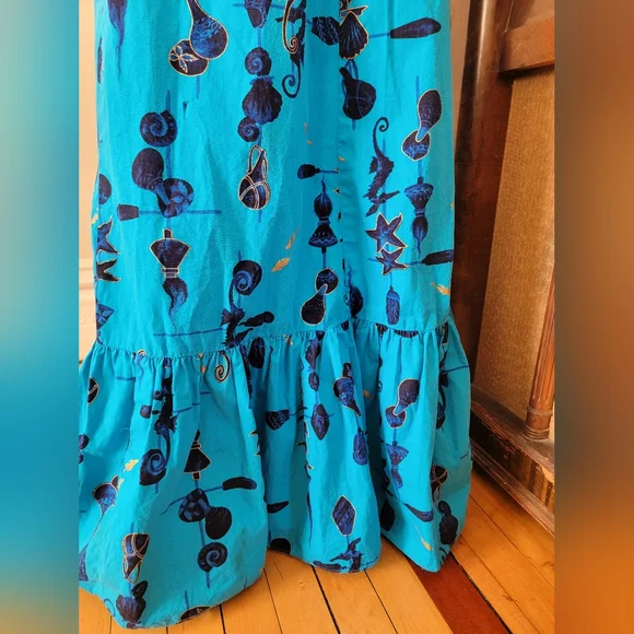 Vintage Blue Hawaiian Mid Century Seahorse Print Maxi Dress Ruffle Medium - Picture 5 of 11